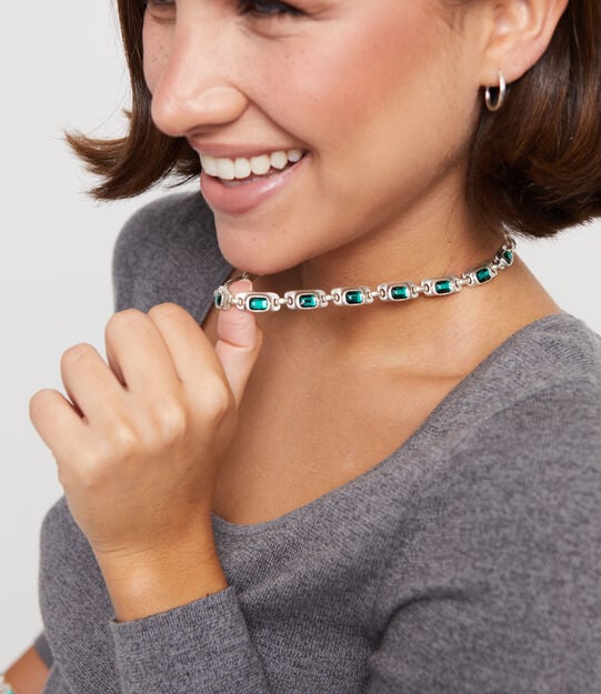 Short necklace with green crystals, Silver, large